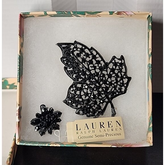 RALPH LAUREN vintage Black ONYX Leaf + flower enamel Brooch pin w Rhinestones - Picture 1 of 7